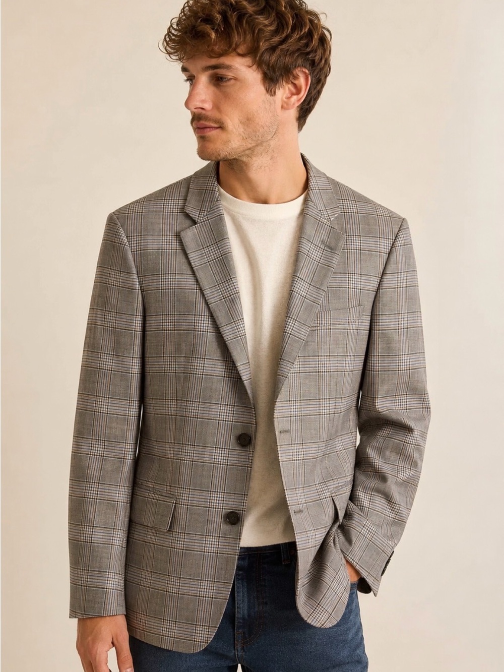 Nordstrom Marlane Fairway Brown Blue Glen Plaid Wool Blazer 46L